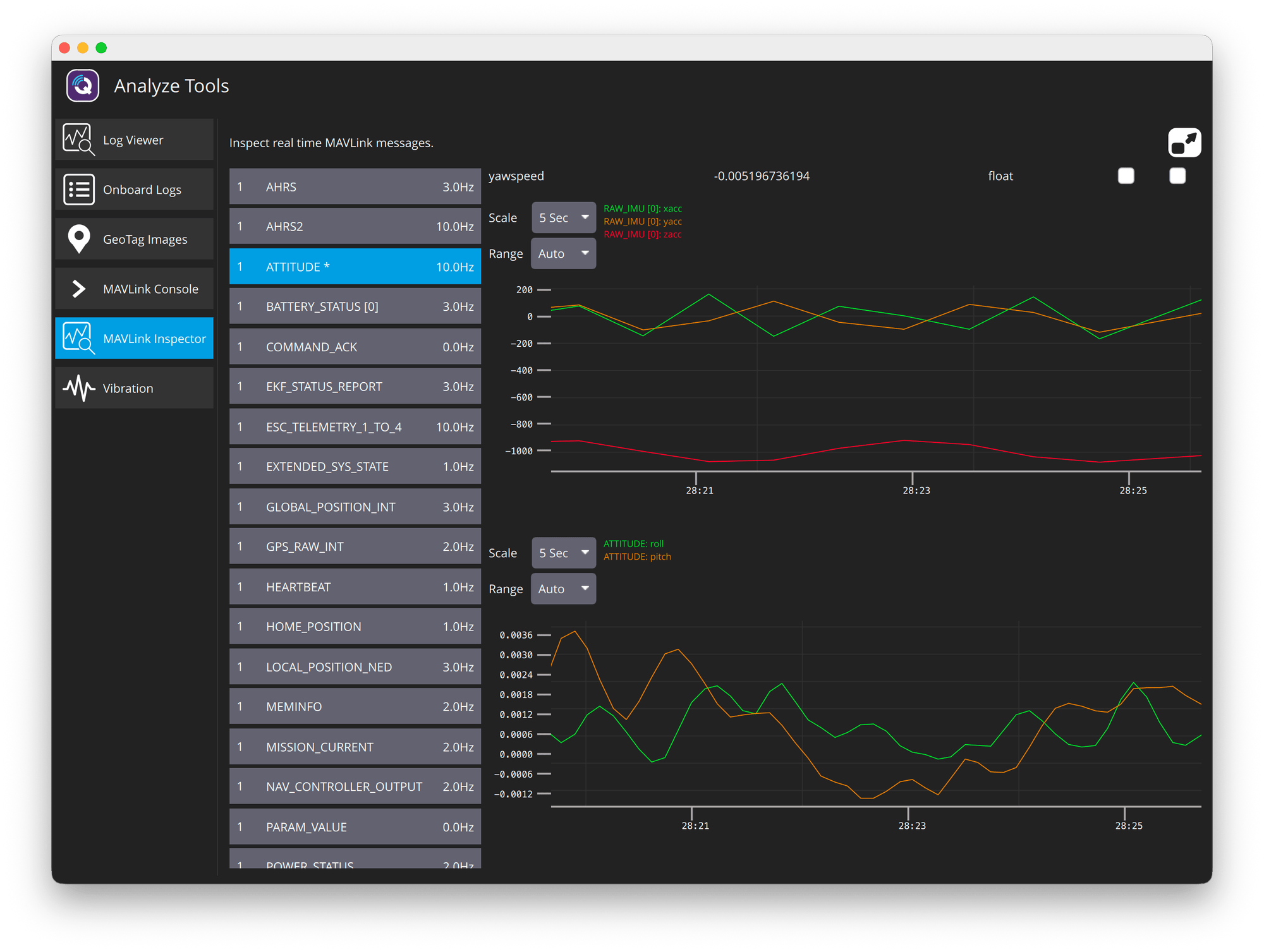 QGC MAVLink Inspector：上圖是 RAW_IMU 的 xacc、yacc、zacc（原始值，鋸齒狀抖動）；下圖是 ATTITUDE 的 roll、pitch（EKF 估算，平滑）
